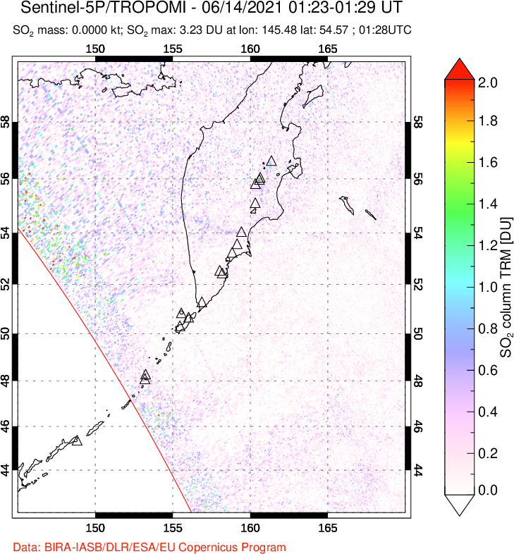 A sulfur dioxide image over Kamchatka, Russian Federation on Jun 14, 2021.