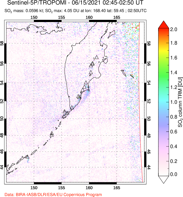A sulfur dioxide image over Kamchatka, Russian Federation on Jun 15, 2021.
