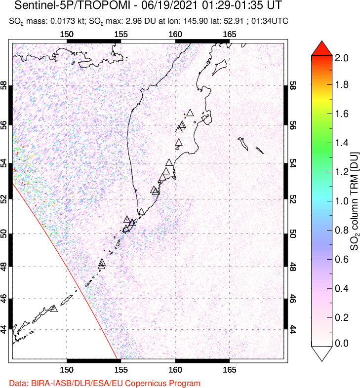 A sulfur dioxide image over Kamchatka, Russian Federation on Jun 19, 2021.