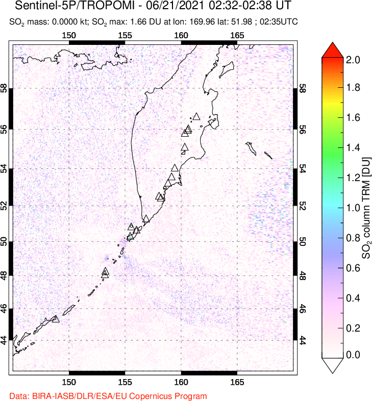 A sulfur dioxide image over Kamchatka, Russian Federation on Jun 21, 2021.