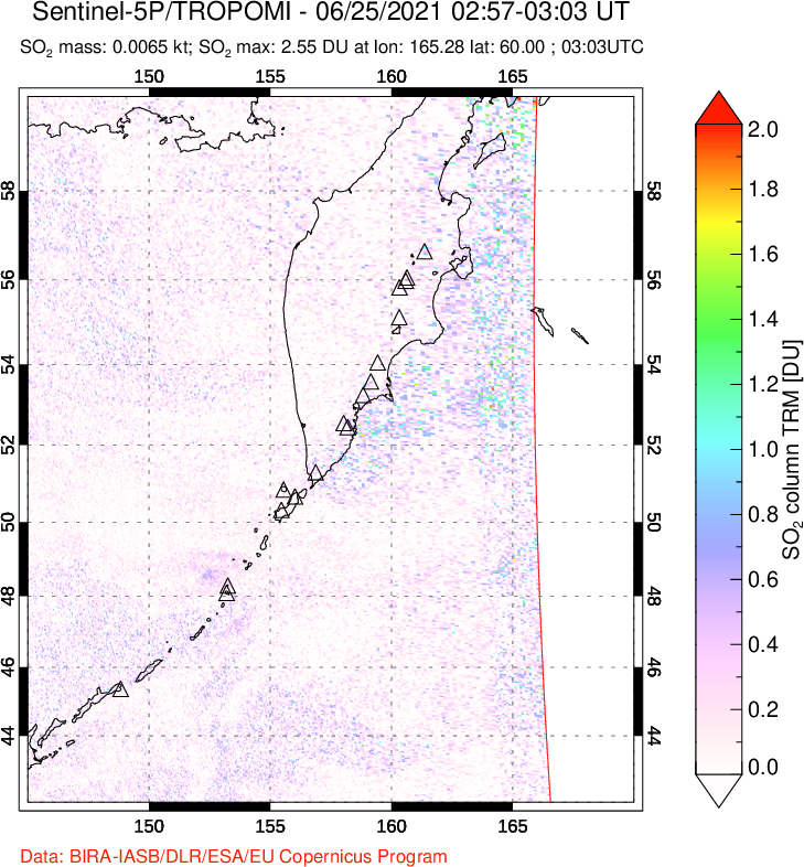 A sulfur dioxide image over Kamchatka, Russian Federation on Jun 25, 2021.