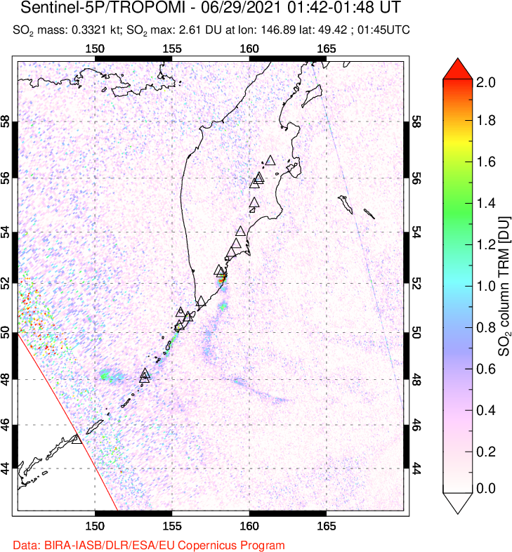 A sulfur dioxide image over Kamchatka, Russian Federation on Jun 29, 2021.