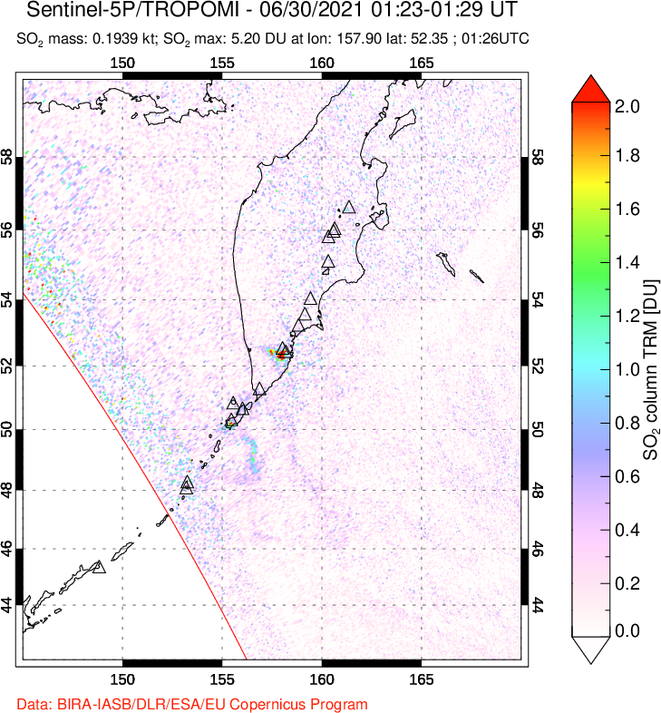 A sulfur dioxide image over Kamchatka, Russian Federation on Jun 30, 2021.