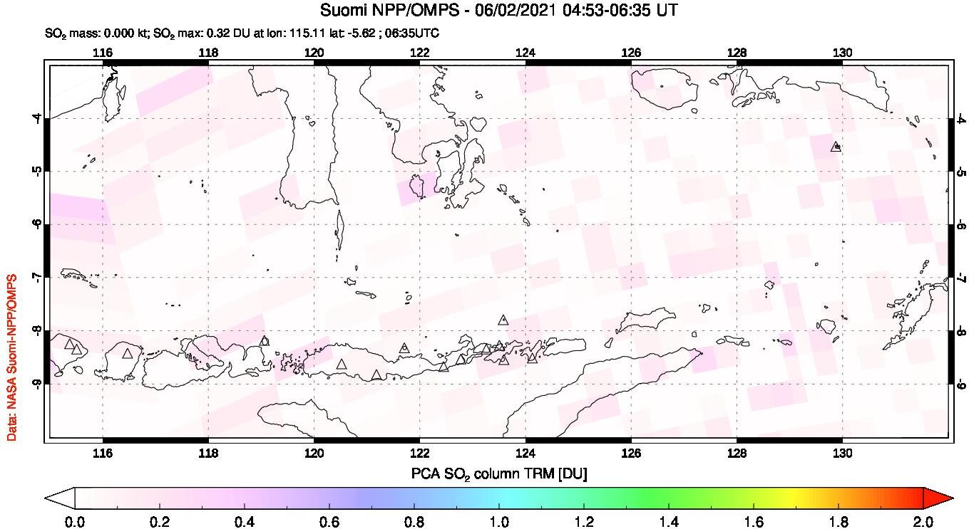 A sulfur dioxide image over Lesser Sunda Islands, Indonesia on Jun 02, 2021.