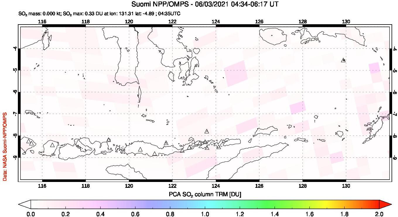 A sulfur dioxide image over Lesser Sunda Islands, Indonesia on Jun 03, 2021.