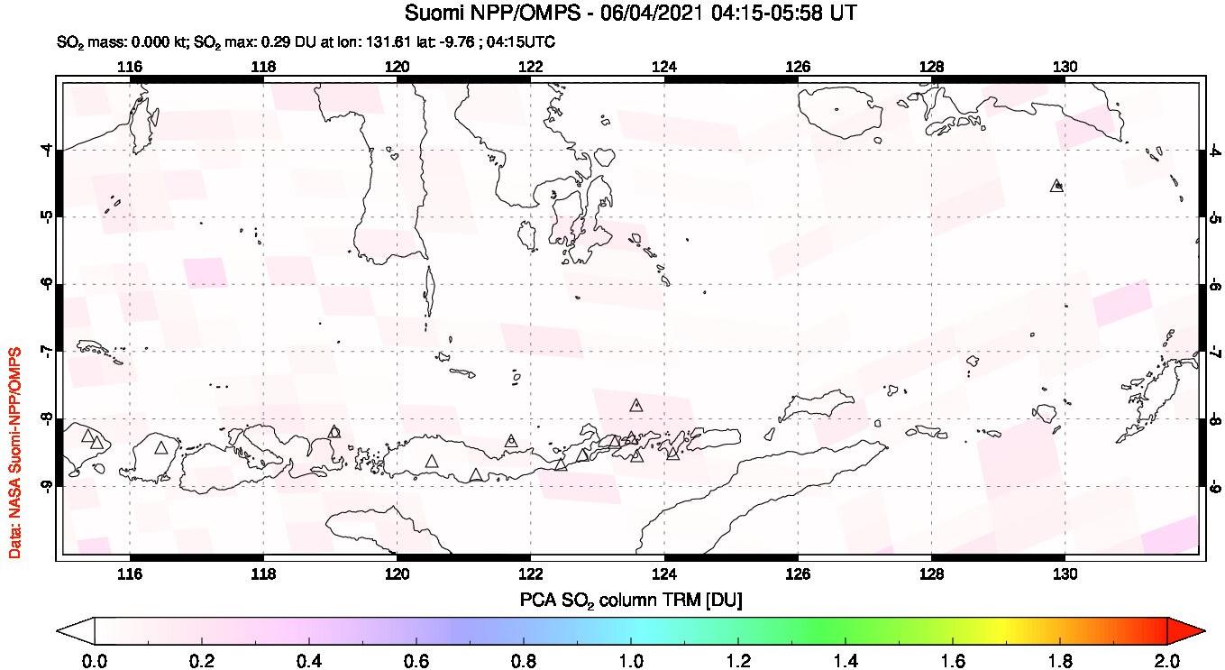 A sulfur dioxide image over Lesser Sunda Islands, Indonesia on Jun 04, 2021.