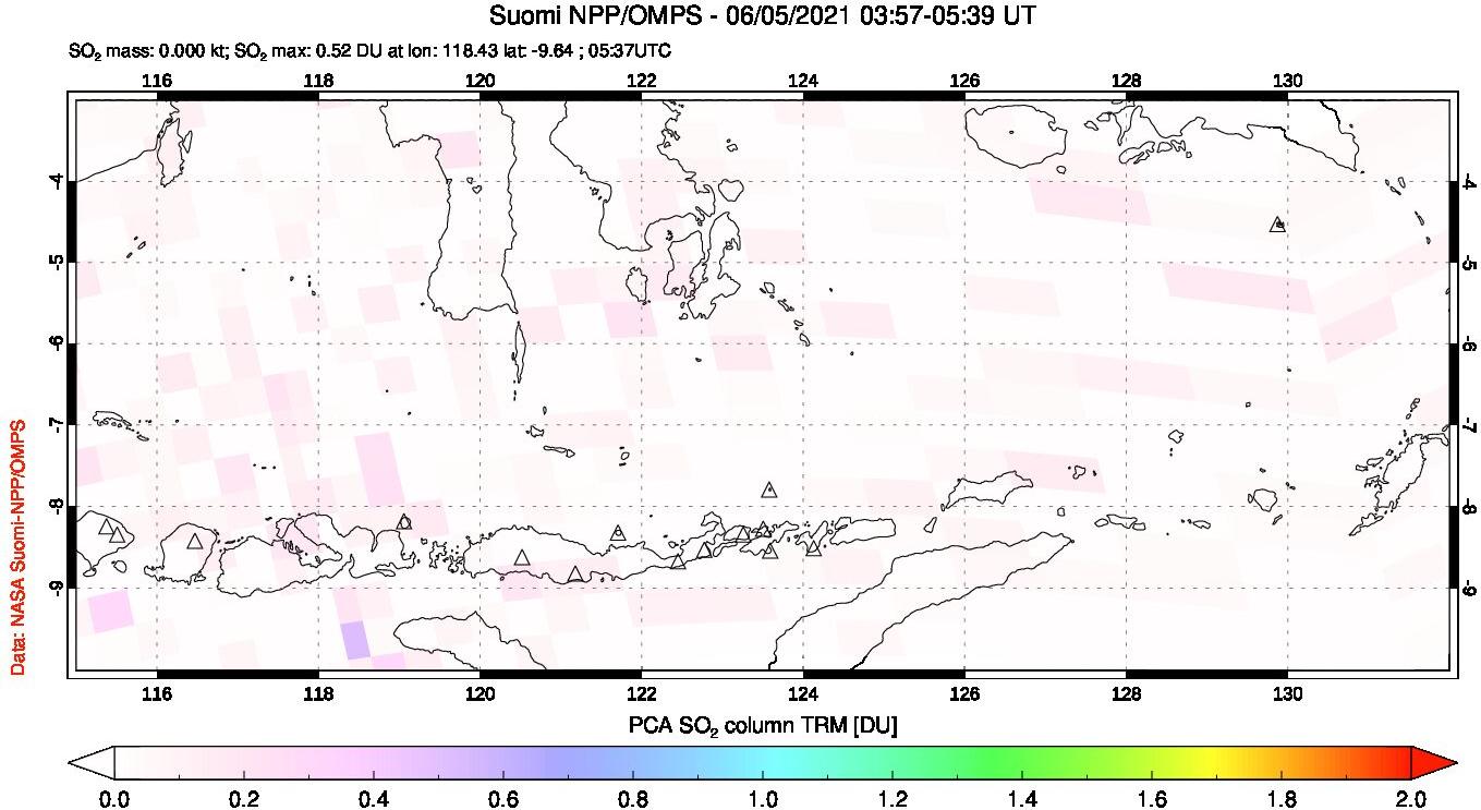 A sulfur dioxide image over Lesser Sunda Islands, Indonesia on Jun 05, 2021.