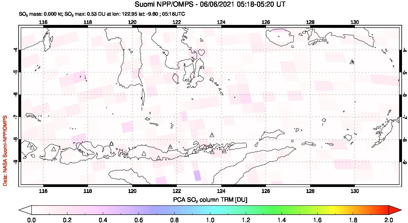 A sulfur dioxide image over Lesser Sunda Islands, Indonesia on Jun 06, 2021.
