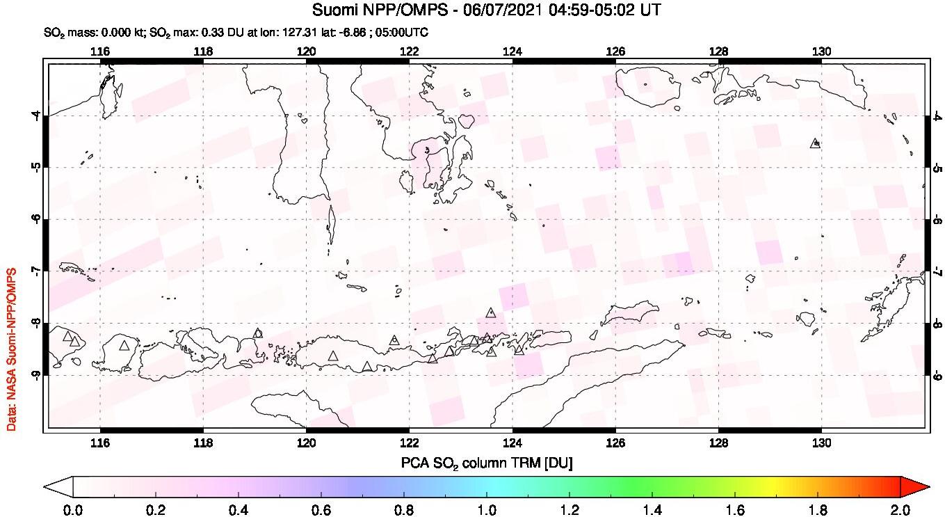 A sulfur dioxide image over Lesser Sunda Islands, Indonesia on Jun 07, 2021.