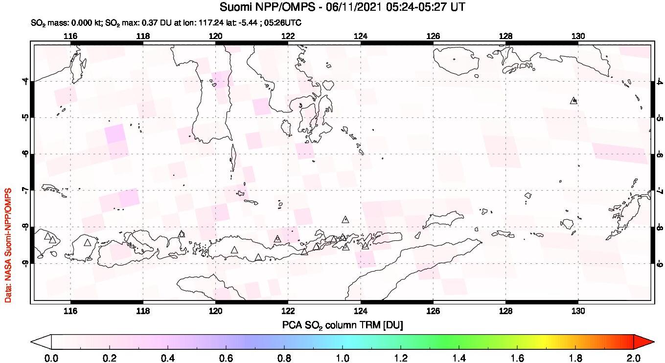 A sulfur dioxide image over Lesser Sunda Islands, Indonesia on Jun 11, 2021.