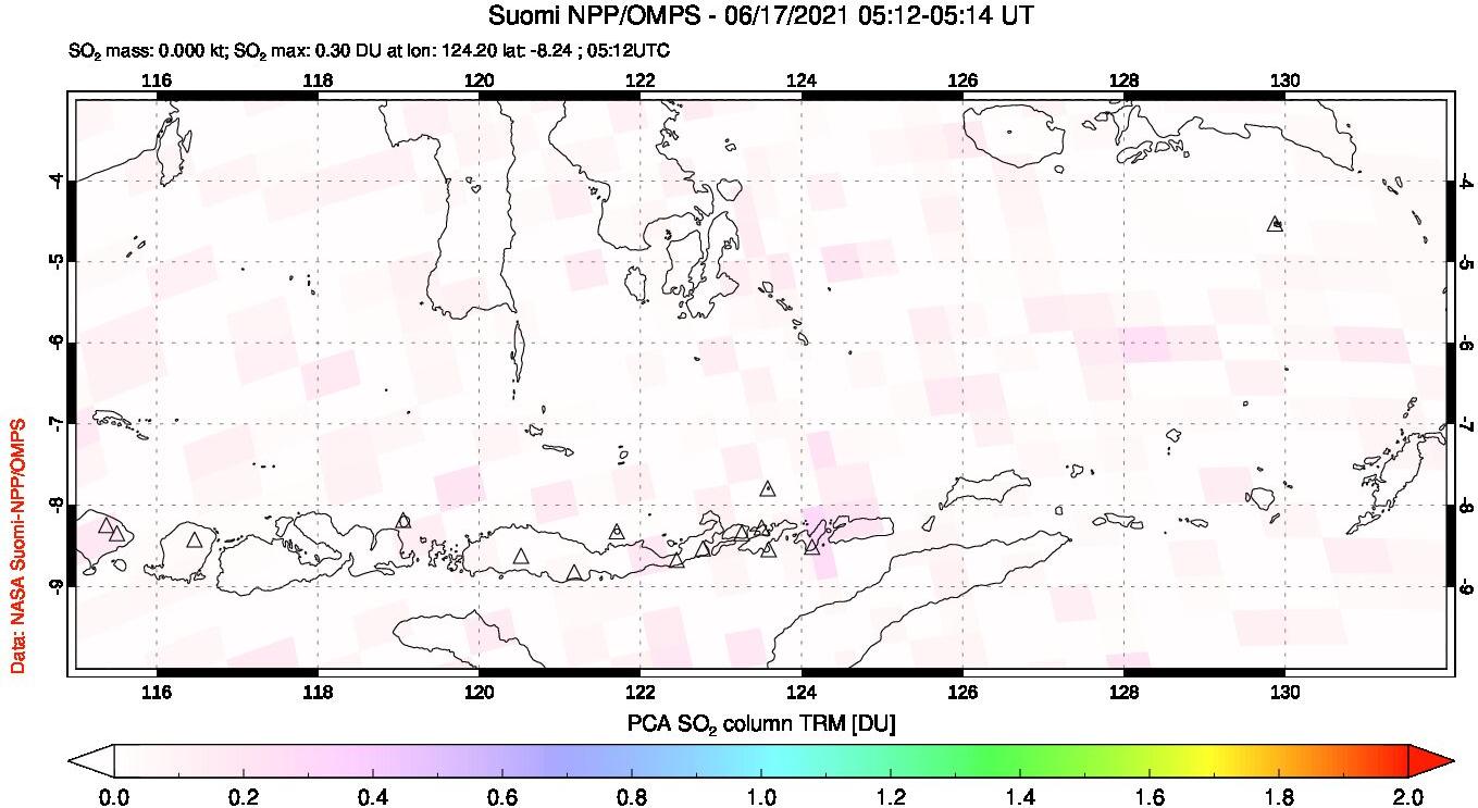 A sulfur dioxide image over Lesser Sunda Islands, Indonesia on Jun 17, 2021.