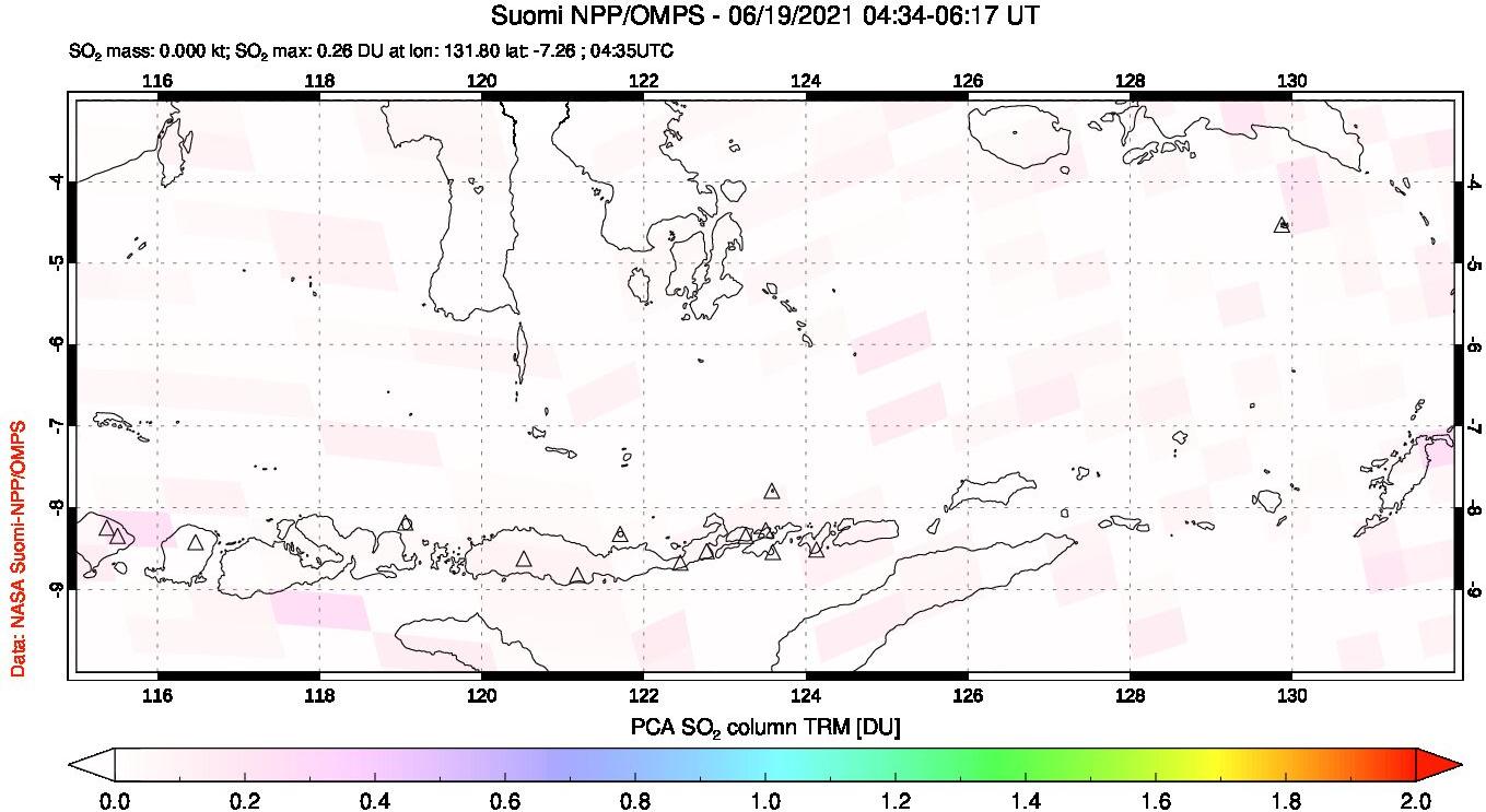 A sulfur dioxide image over Lesser Sunda Islands, Indonesia on Jun 19, 2021.