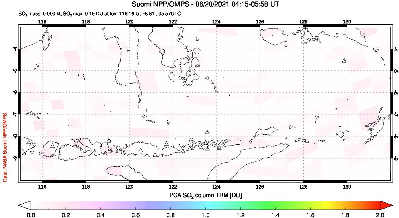 A sulfur dioxide image over Lesser Sunda Islands, Indonesia on Jun 20, 2021.