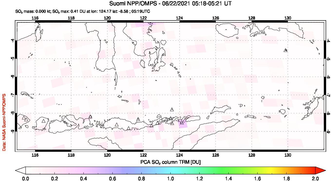 A sulfur dioxide image over Lesser Sunda Islands, Indonesia on Jun 22, 2021.