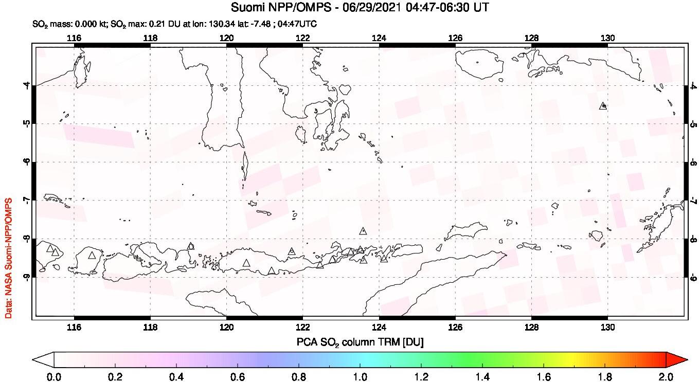 A sulfur dioxide image over Lesser Sunda Islands, Indonesia on Jun 29, 2021.