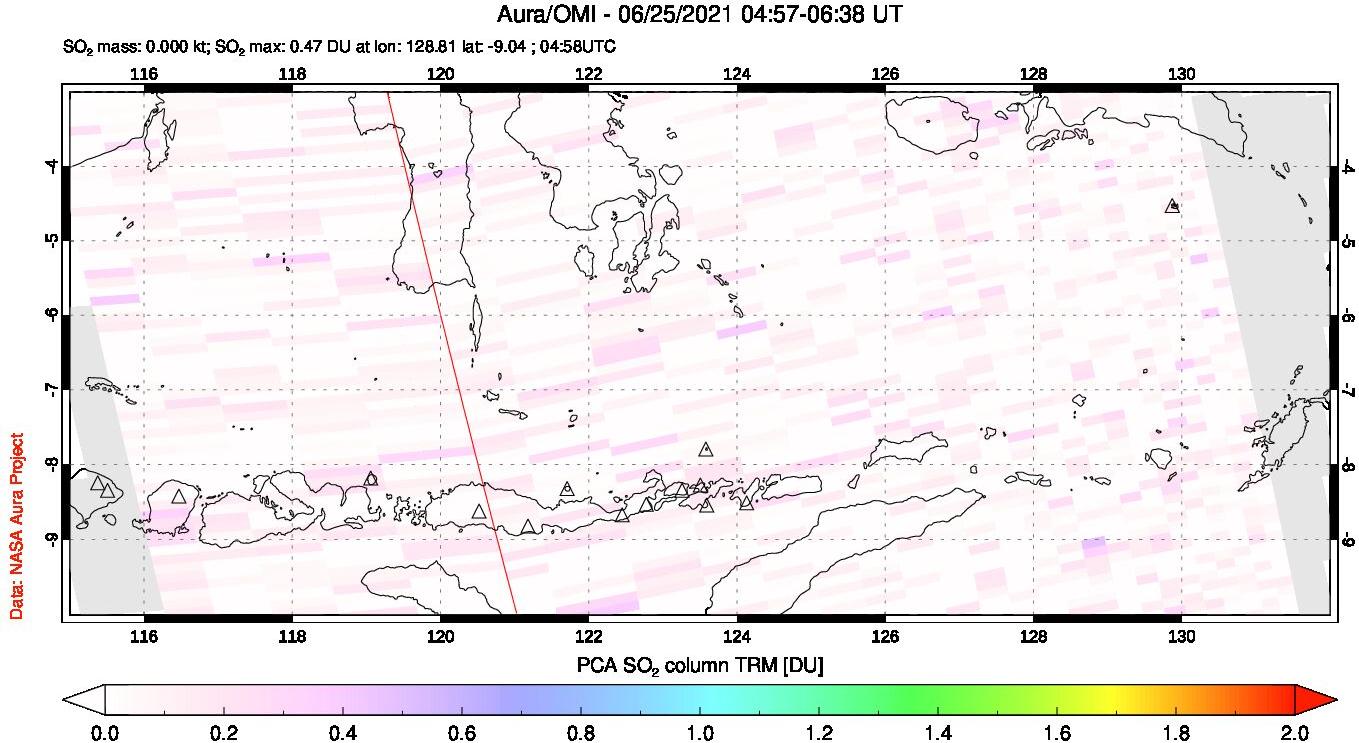 A sulfur dioxide image over Lesser Sunda Islands, Indonesia on Jun 25, 2021.