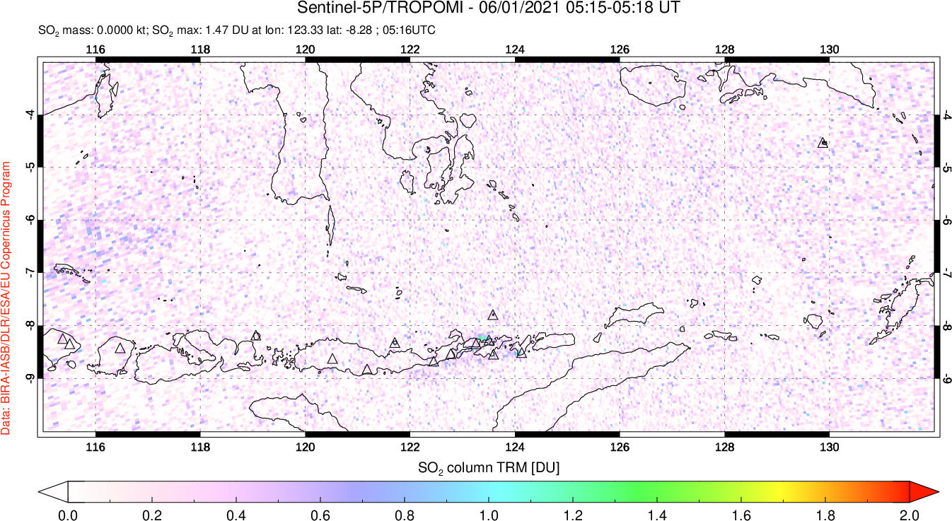 A sulfur dioxide image over Lesser Sunda Islands, Indonesia on Jun 01, 2021.