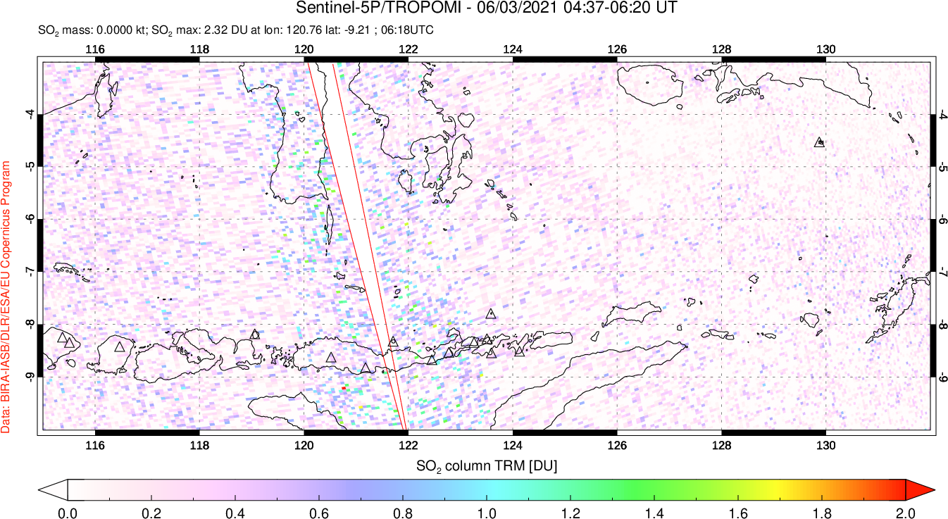 A sulfur dioxide image over Lesser Sunda Islands, Indonesia on Jun 03, 2021.