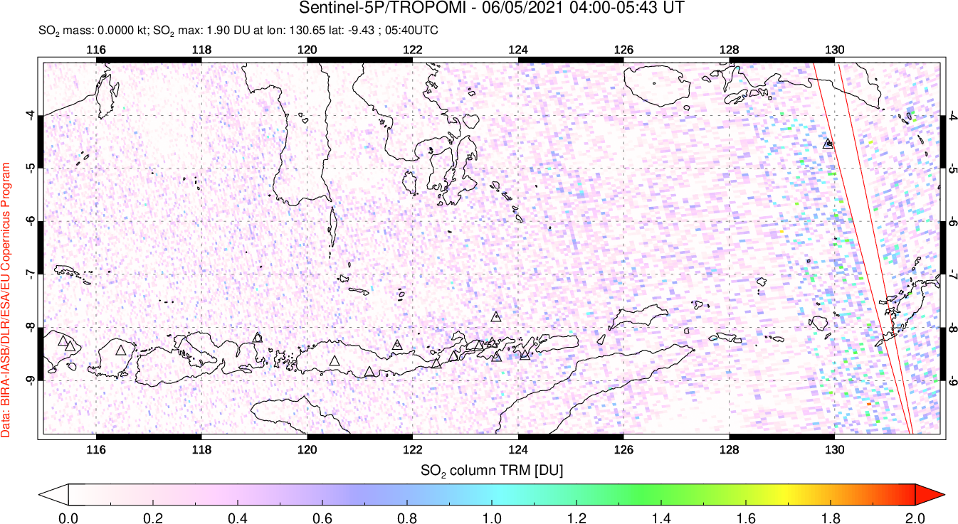 A sulfur dioxide image over Lesser Sunda Islands, Indonesia on Jun 05, 2021.