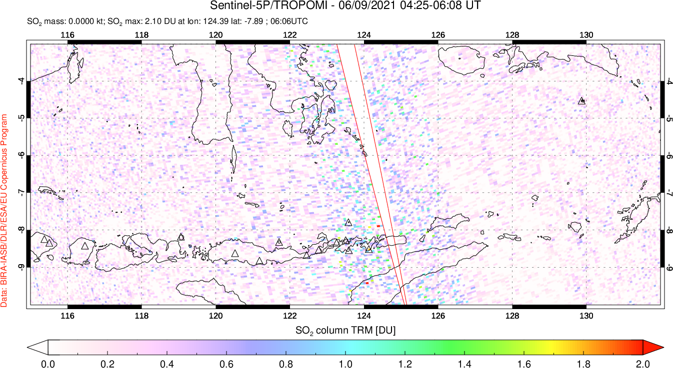 A sulfur dioxide image over Lesser Sunda Islands, Indonesia on Jun 09, 2021.
