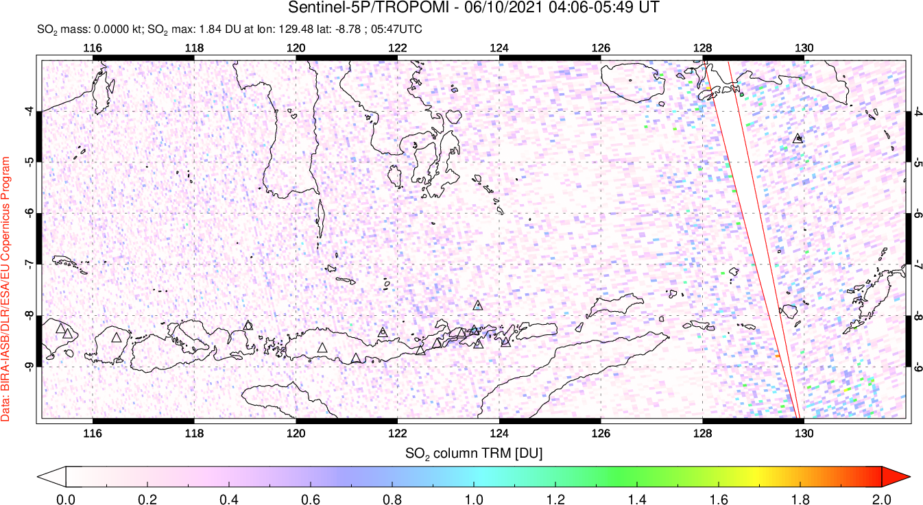 A sulfur dioxide image over Lesser Sunda Islands, Indonesia on Jun 10, 2021.