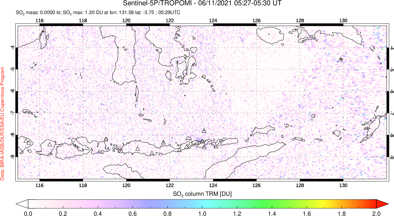 A sulfur dioxide image over Lesser Sunda Islands, Indonesia on Jun 11, 2021.