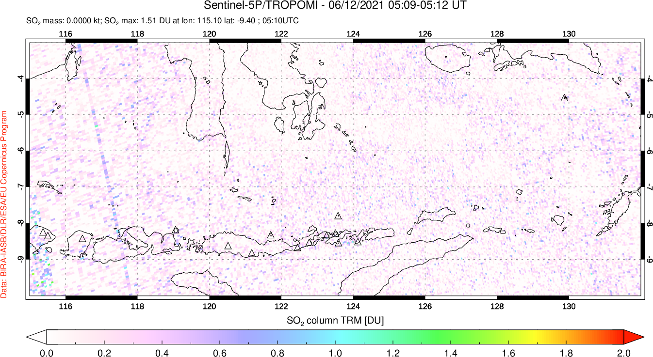 A sulfur dioxide image over Lesser Sunda Islands, Indonesia on Jun 12, 2021.