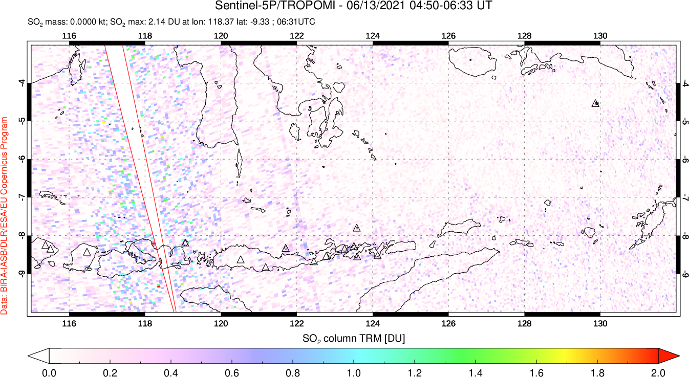 A sulfur dioxide image over Lesser Sunda Islands, Indonesia on Jun 13, 2021.