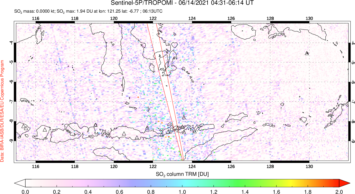 A sulfur dioxide image over Lesser Sunda Islands, Indonesia on Jun 14, 2021.