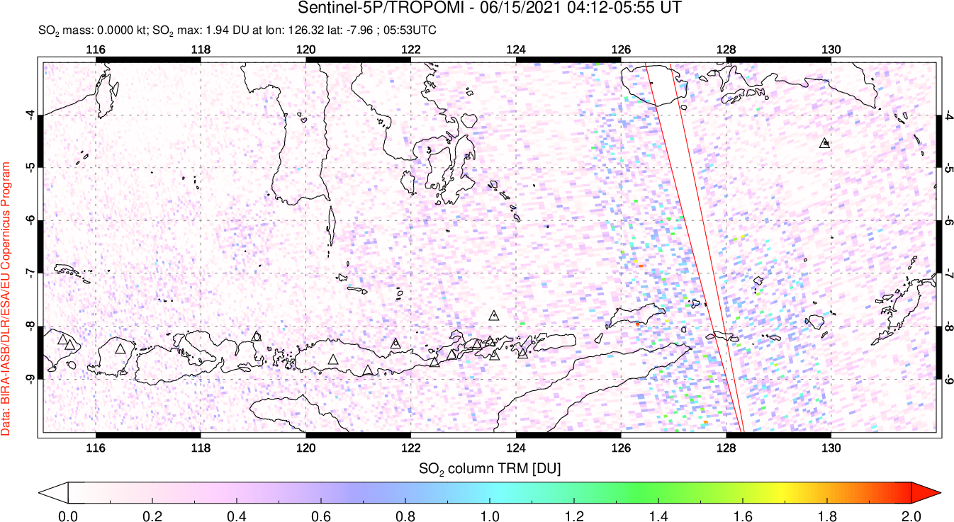 A sulfur dioxide image over Lesser Sunda Islands, Indonesia on Jun 15, 2021.