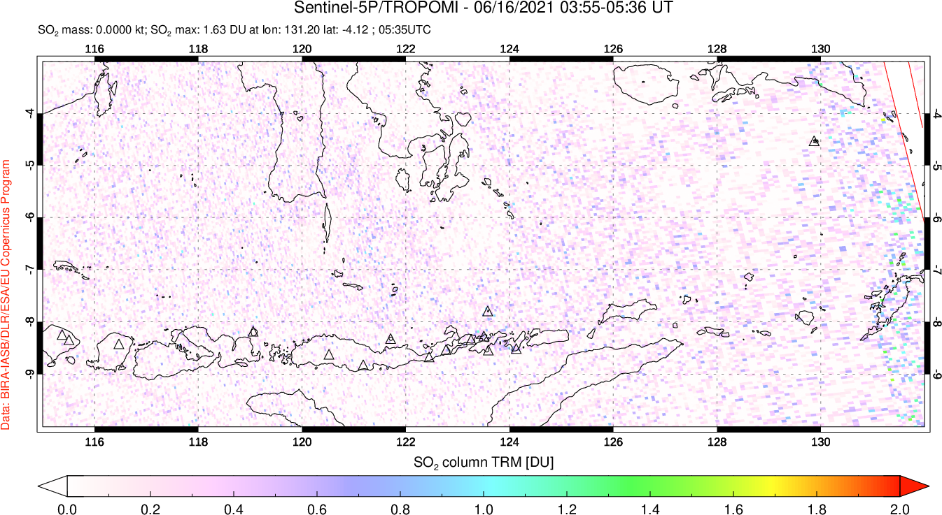 A sulfur dioxide image over Lesser Sunda Islands, Indonesia on Jun 16, 2021.