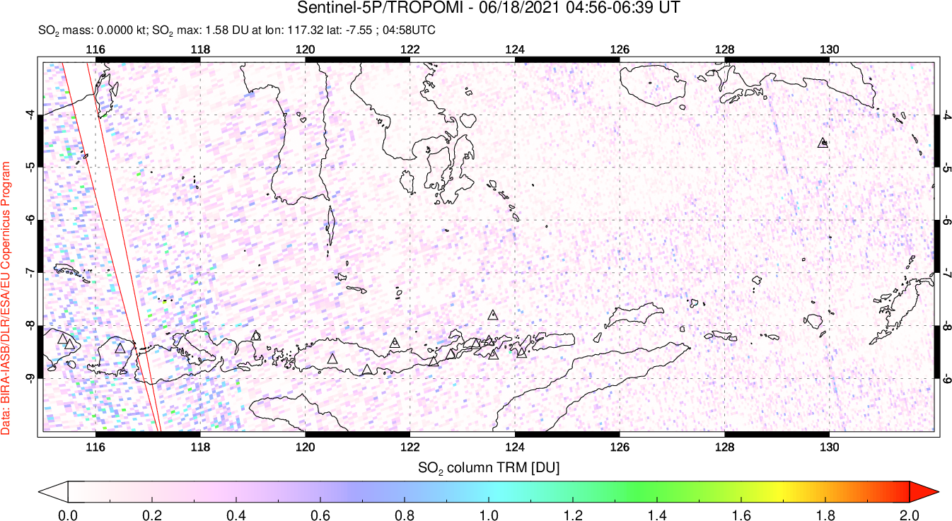 A sulfur dioxide image over Lesser Sunda Islands, Indonesia on Jun 18, 2021.