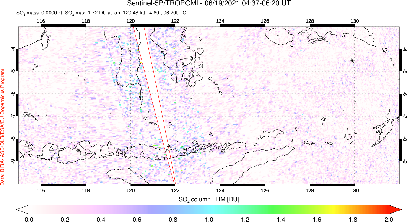 A sulfur dioxide image over Lesser Sunda Islands, Indonesia on Jun 19, 2021.