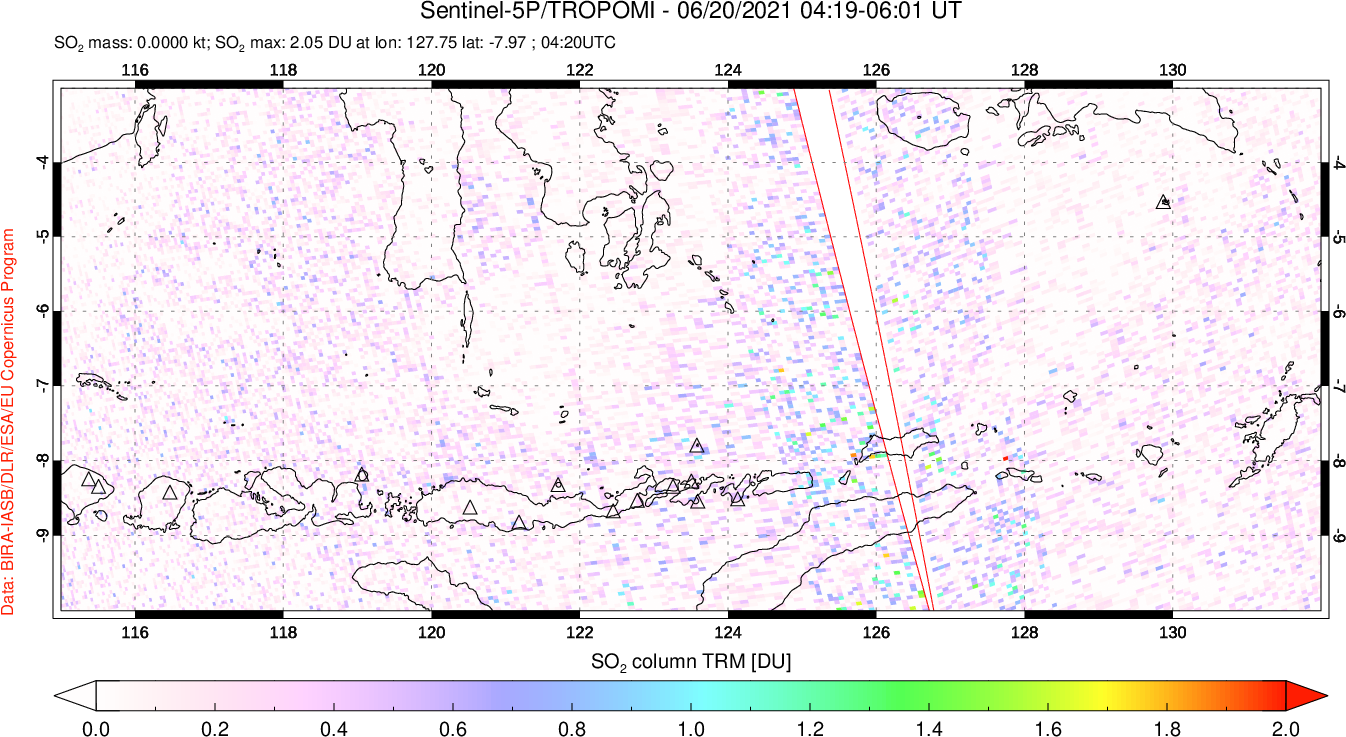 A sulfur dioxide image over Lesser Sunda Islands, Indonesia on Jun 20, 2021.