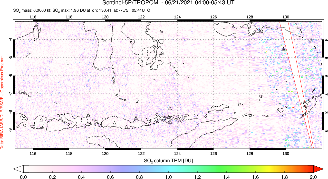 A sulfur dioxide image over Lesser Sunda Islands, Indonesia on Jun 21, 2021.