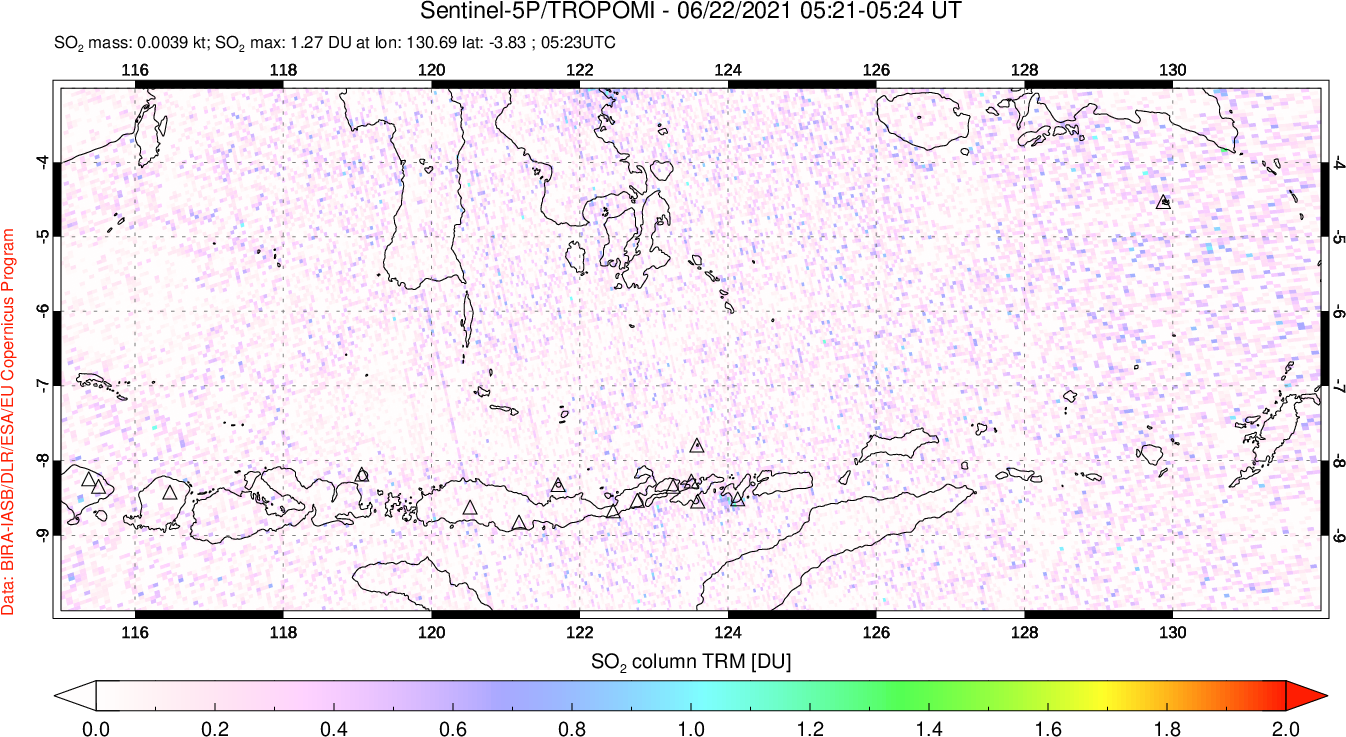 A sulfur dioxide image over Lesser Sunda Islands, Indonesia on Jun 22, 2021.