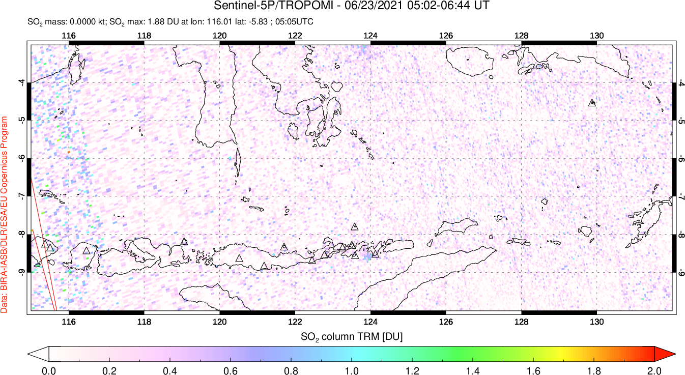 A sulfur dioxide image over Lesser Sunda Islands, Indonesia on Jun 23, 2021.