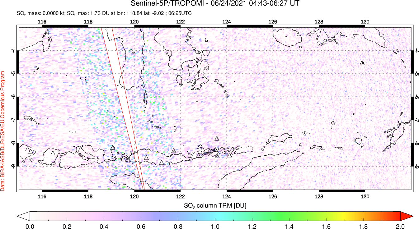 A sulfur dioxide image over Lesser Sunda Islands, Indonesia on Jun 24, 2021.