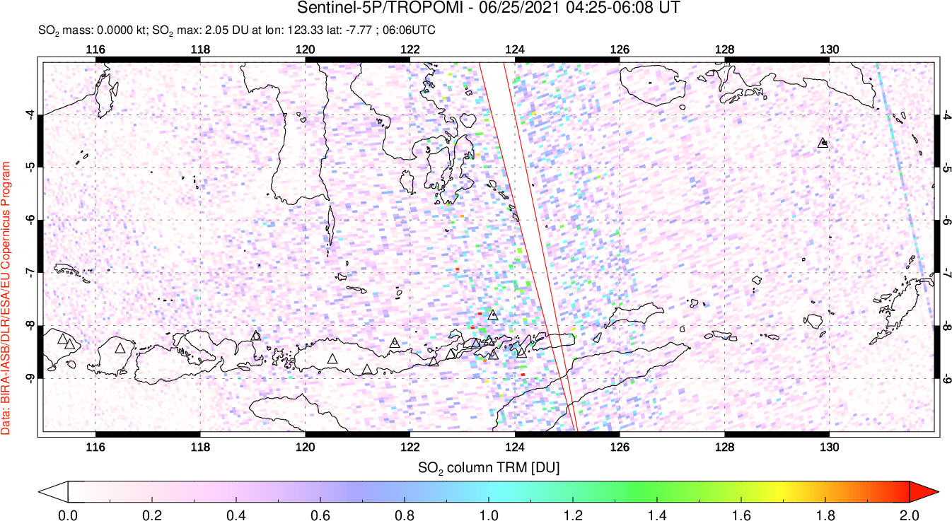 A sulfur dioxide image over Lesser Sunda Islands, Indonesia on Jun 25, 2021.