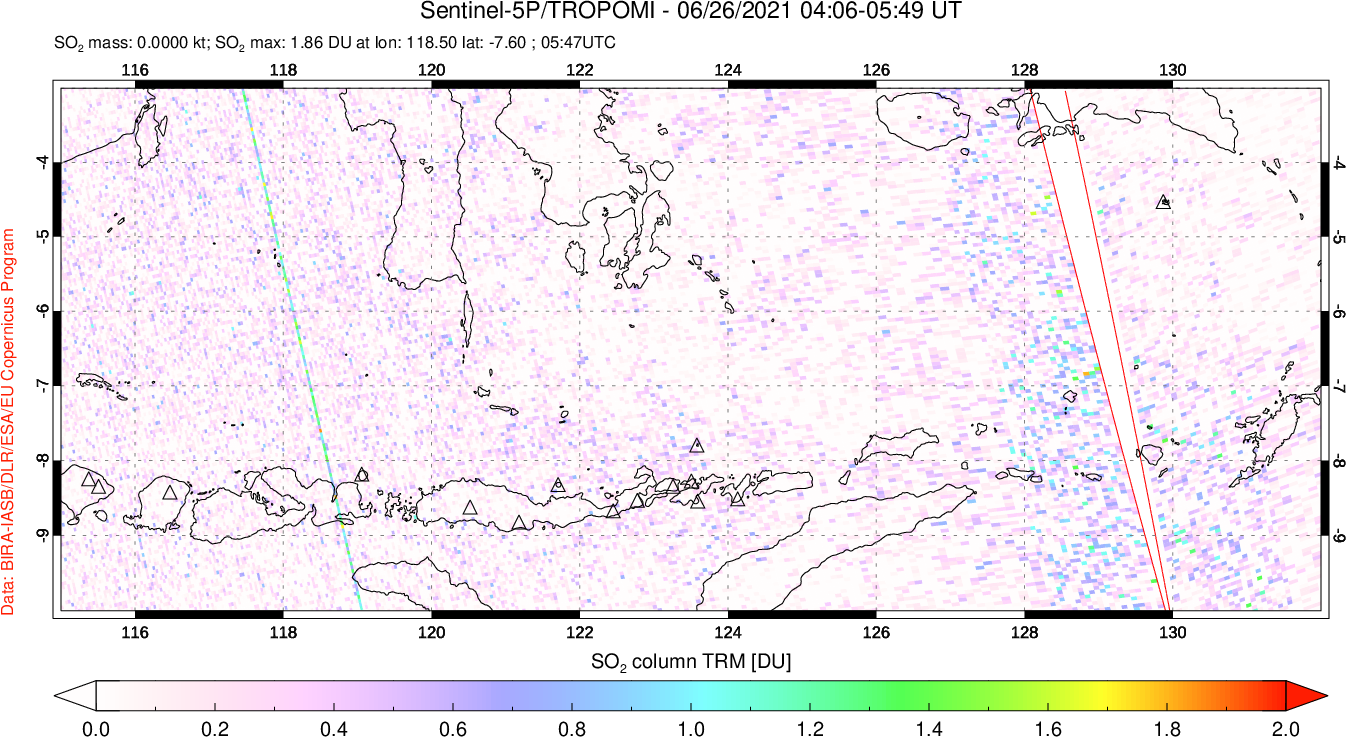 A sulfur dioxide image over Lesser Sunda Islands, Indonesia on Jun 26, 2021.