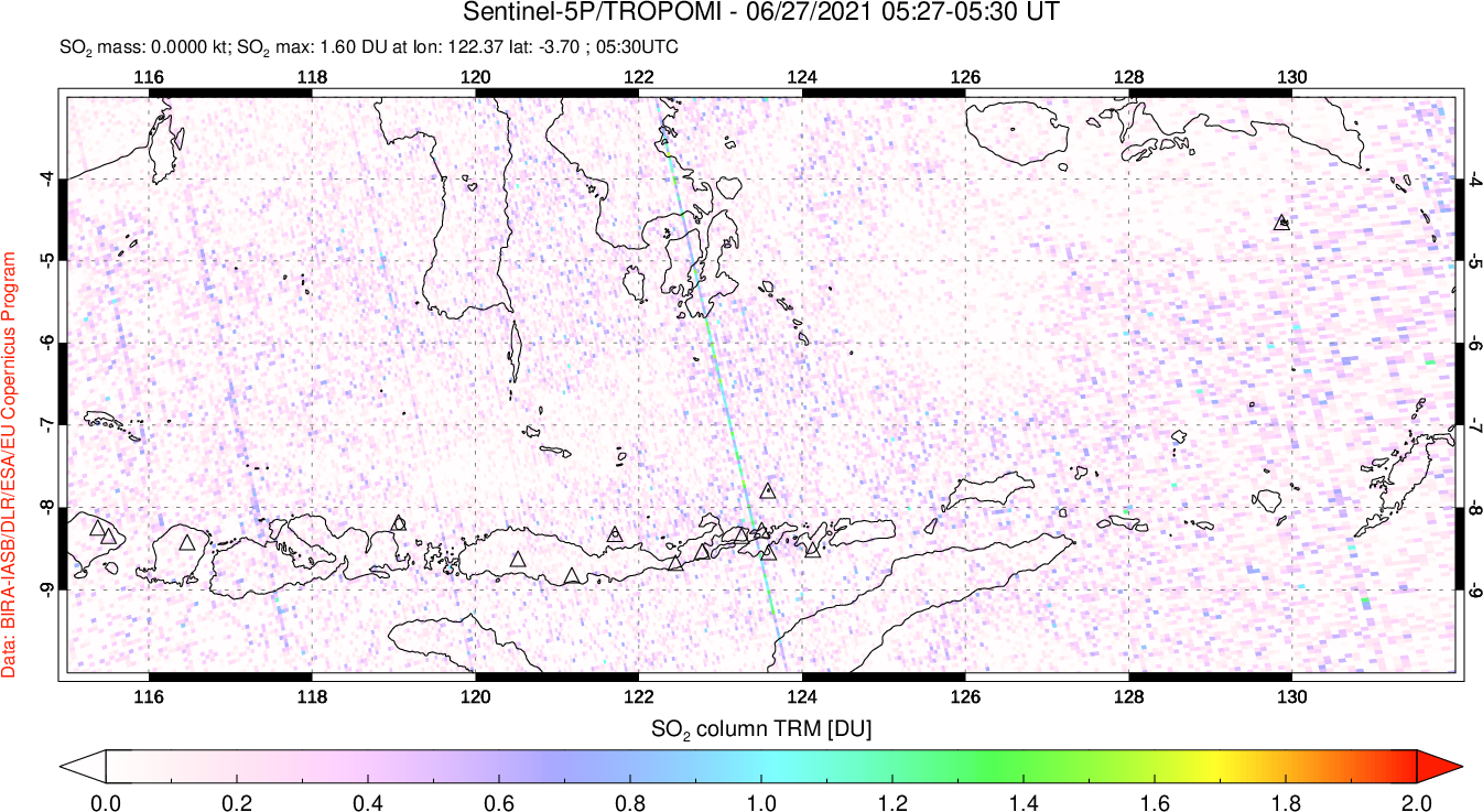 A sulfur dioxide image over Lesser Sunda Islands, Indonesia on Jun 27, 2021.