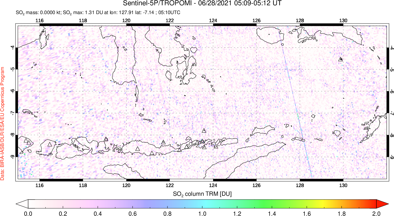 A sulfur dioxide image over Lesser Sunda Islands, Indonesia on Jun 28, 2021.
