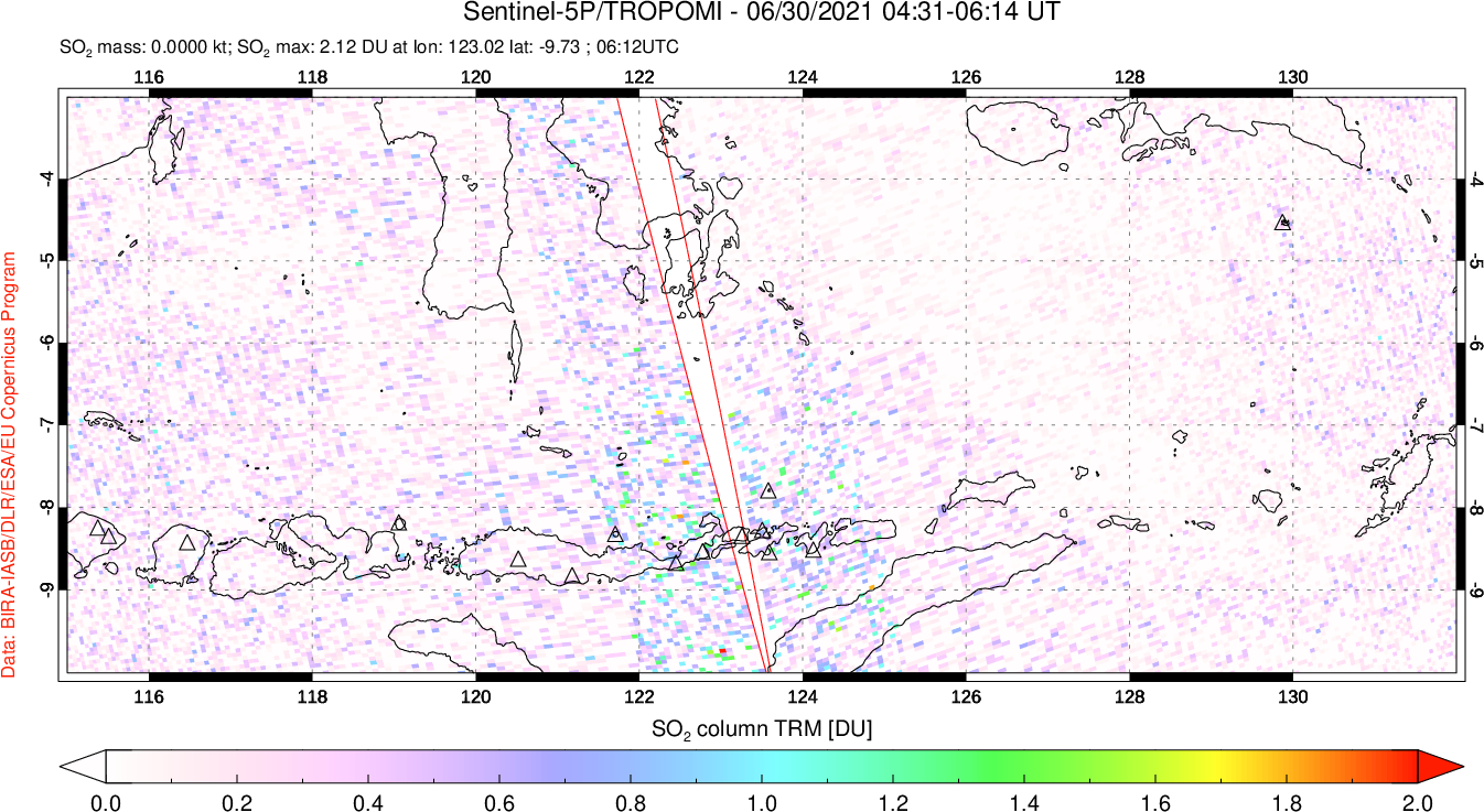 A sulfur dioxide image over Lesser Sunda Islands, Indonesia on Jun 30, 2021.