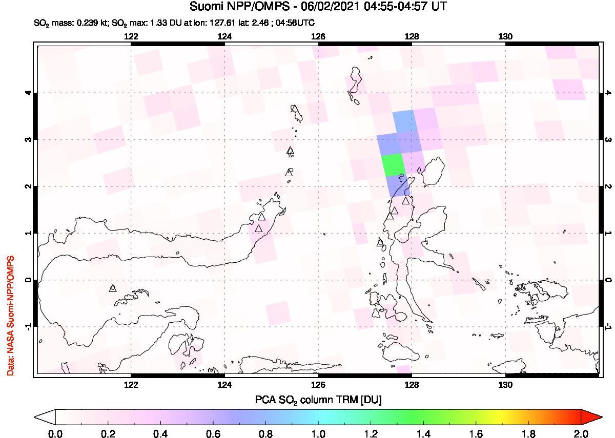 A sulfur dioxide image over Northern Sulawesi & Halmahera, Indonesia on Jun 02, 2021.