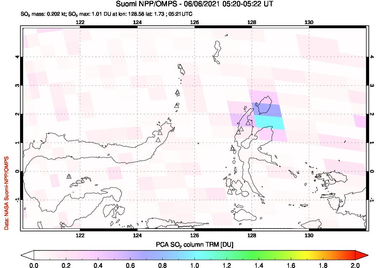 A sulfur dioxide image over Northern Sulawesi & Halmahera, Indonesia on Jun 06, 2021.