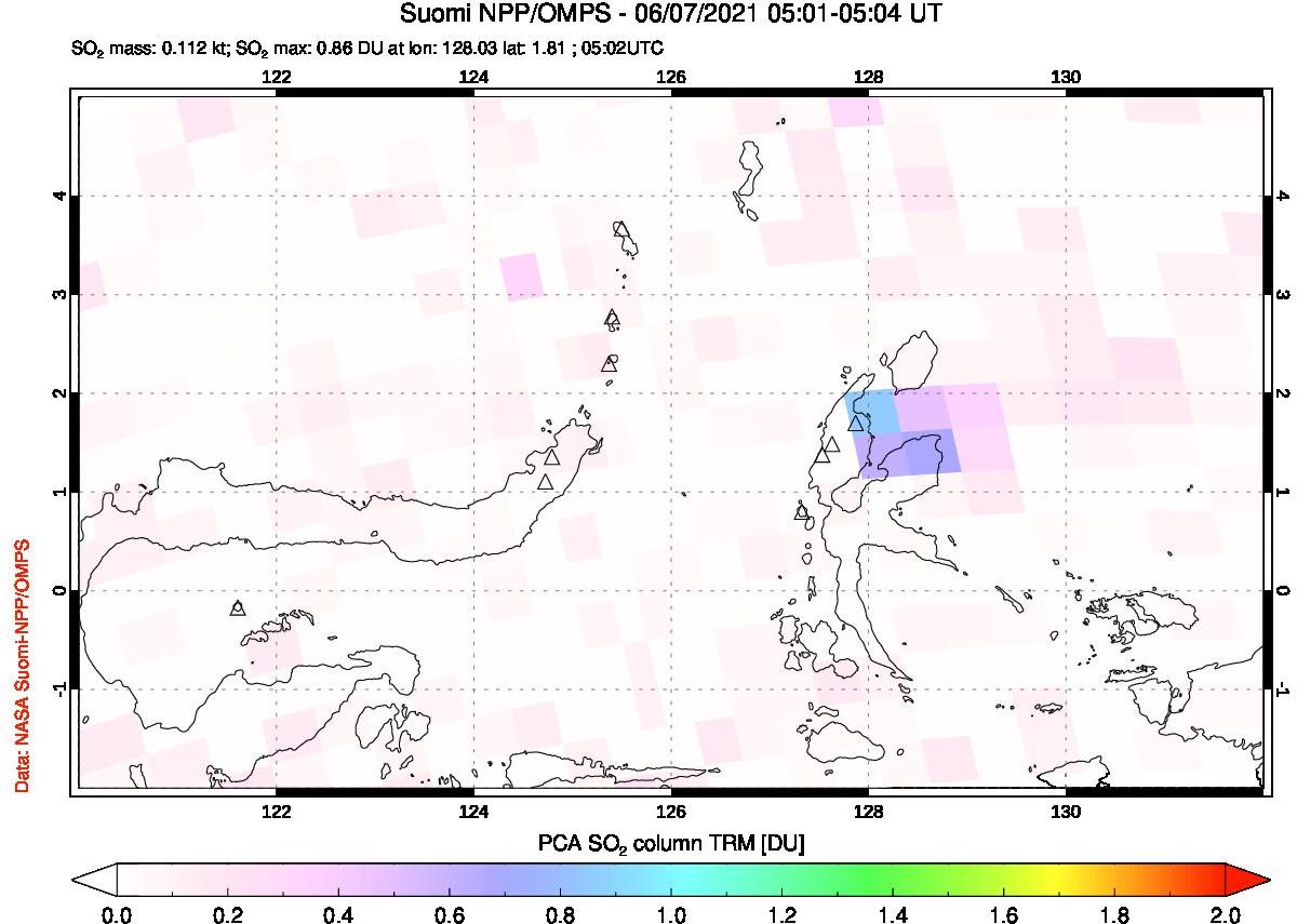 A sulfur dioxide image over Northern Sulawesi & Halmahera, Indonesia on Jun 07, 2021.