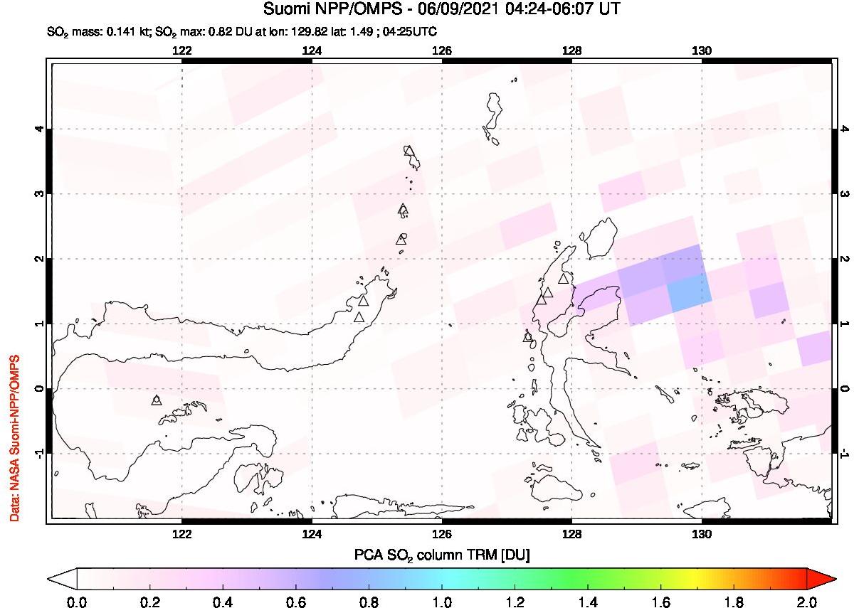 A sulfur dioxide image over Northern Sulawesi & Halmahera, Indonesia on Jun 09, 2021.