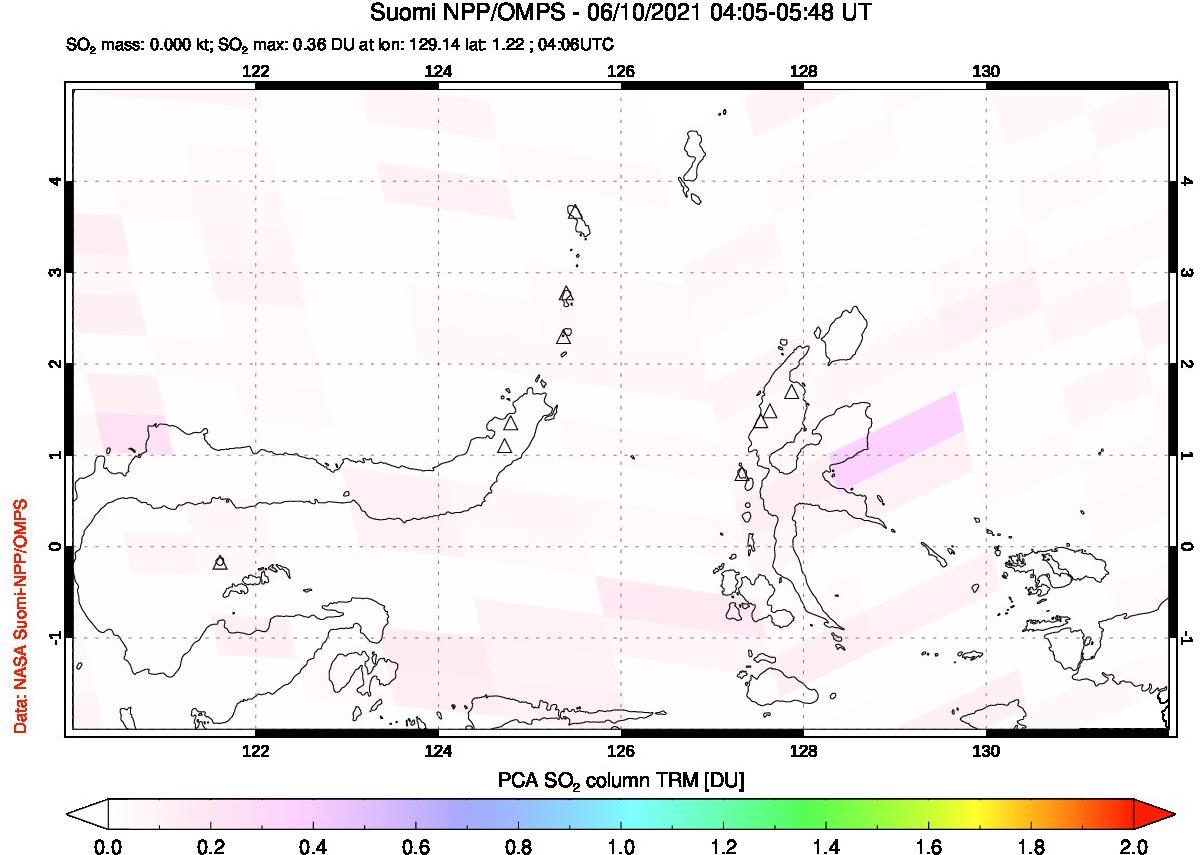 A sulfur dioxide image over Northern Sulawesi & Halmahera, Indonesia on Jun 10, 2021.
