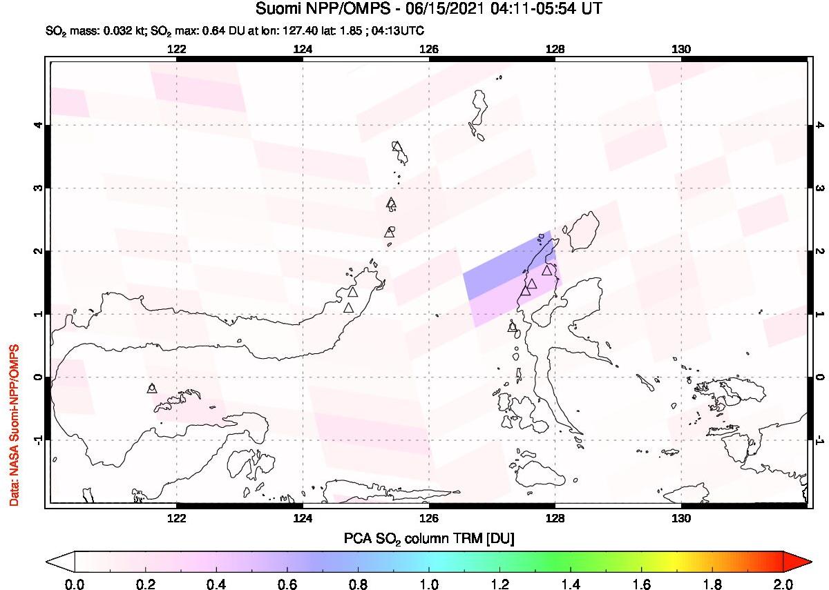 A sulfur dioxide image over Northern Sulawesi & Halmahera, Indonesia on Jun 15, 2021.