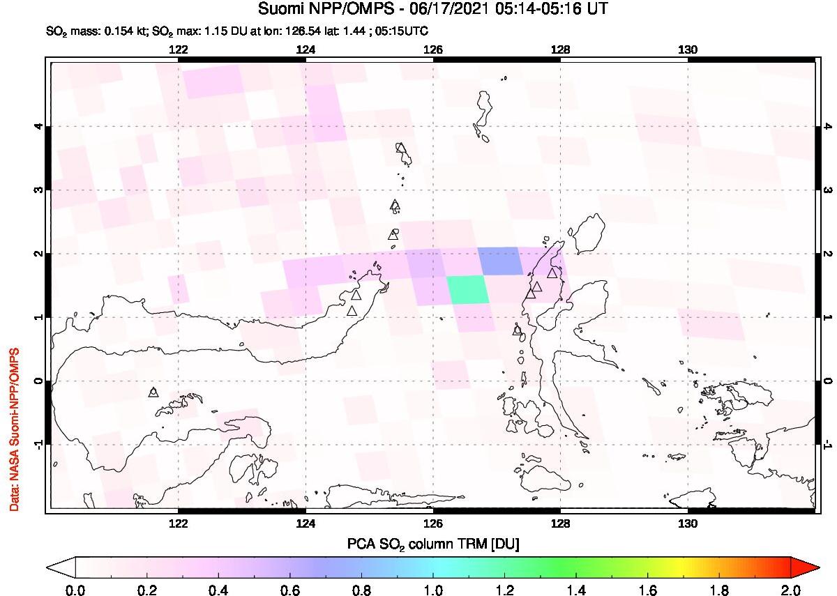 A sulfur dioxide image over Northern Sulawesi & Halmahera, Indonesia on Jun 17, 2021.